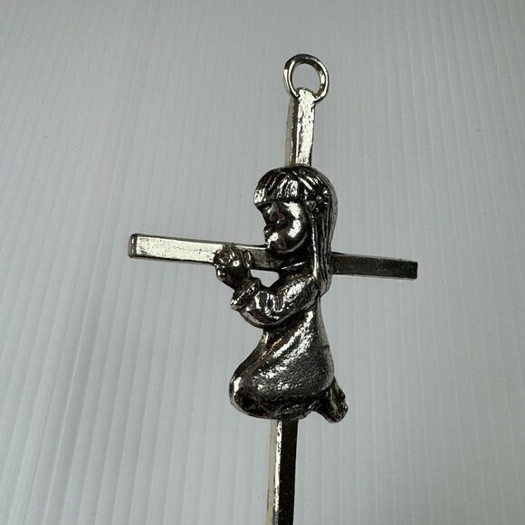 Silver Tone Hanging Nursery Wall Cross With Praying Girl On Knees 6” - Picture 9 of 13